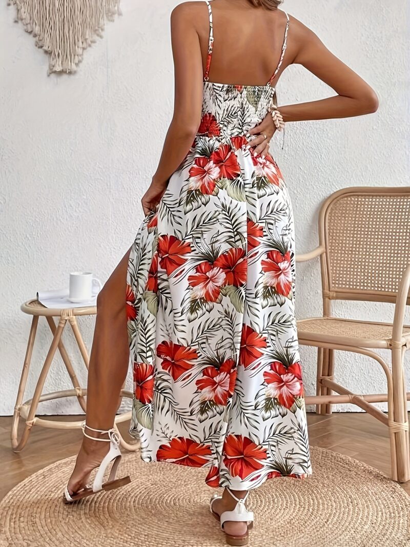 Womens Spring/Summer Chic Maxi Dress - Adjustable Spaghetti Straps, Floral Print, Elegant High Slit - Versatile Day-to-Night Wear - Image 6