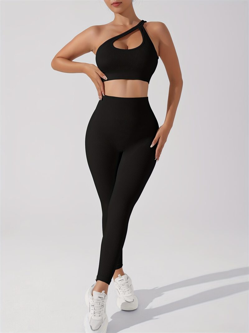 Women's 2pcs Yoga Set: Sexy One-Shoulder Sports Bra & High-Waist Butt Lifting Leggings - Stretchy, Non-See-Through Activewear - Image 10