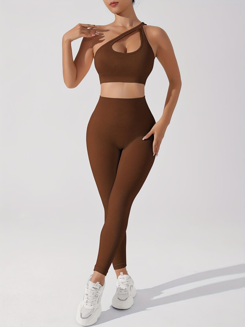 Women's 2pcs Yoga Set: Sexy One-Shoulder Sports Bra & High-Waist Butt Lifting Leggings - Stretchy, Non-See-Through Activewear - Image 9