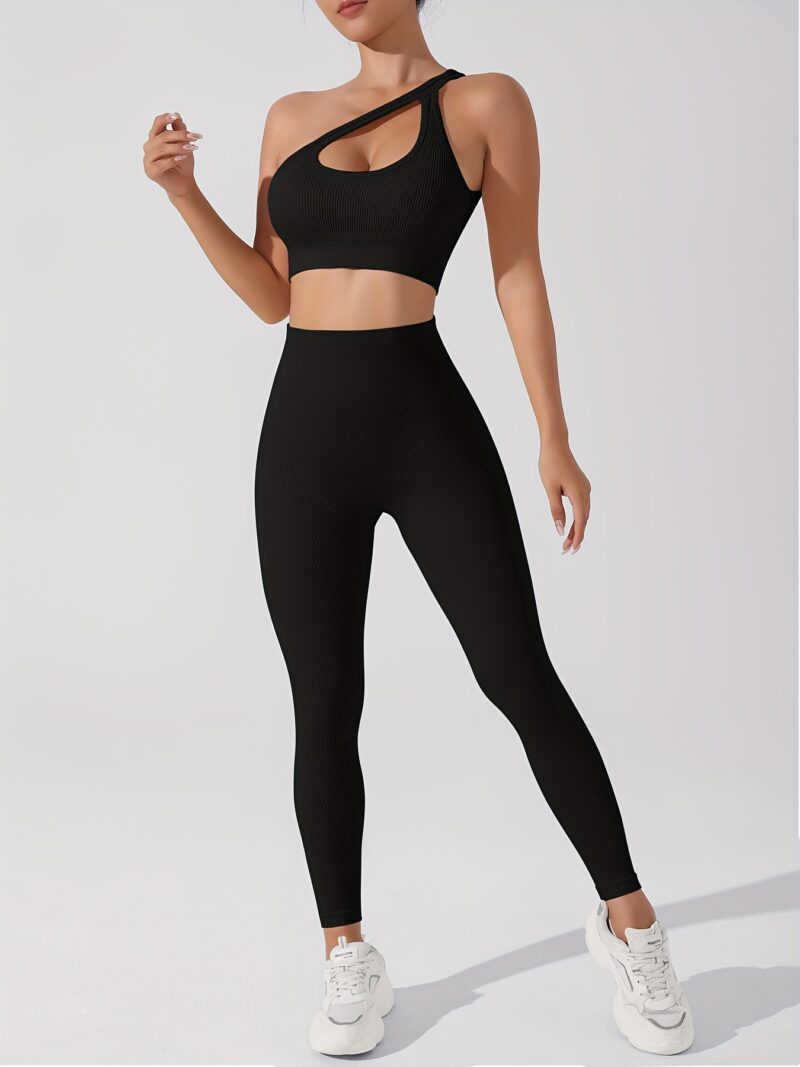 Women's 2pcs Yoga Set: Sexy One-Shoulder Sports Bra & High-Waist Butt Lifting Leggings - Stretchy, Non-See-Through Activewear - Image 5