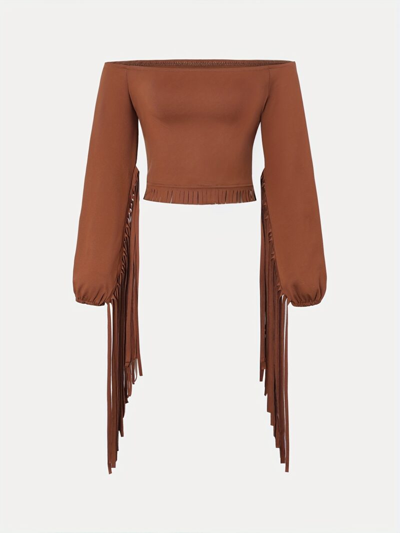 [Vintage Western Off-Shoulder Top] High Stretch Vintage Off-Shoulder Top - Chic Western Style with Brown Tassels, Machine Washable, Perfect for All Seasons - Image 6