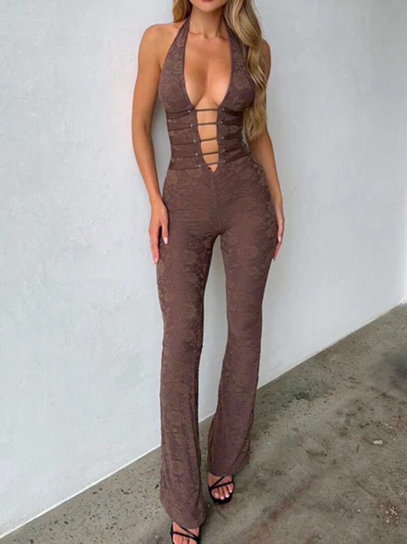 Women Lace Jumpsuits Halter Neck Cross Backless Sleeveless Long Rompers Summer Slim Playsuits Clubwear - Image 4