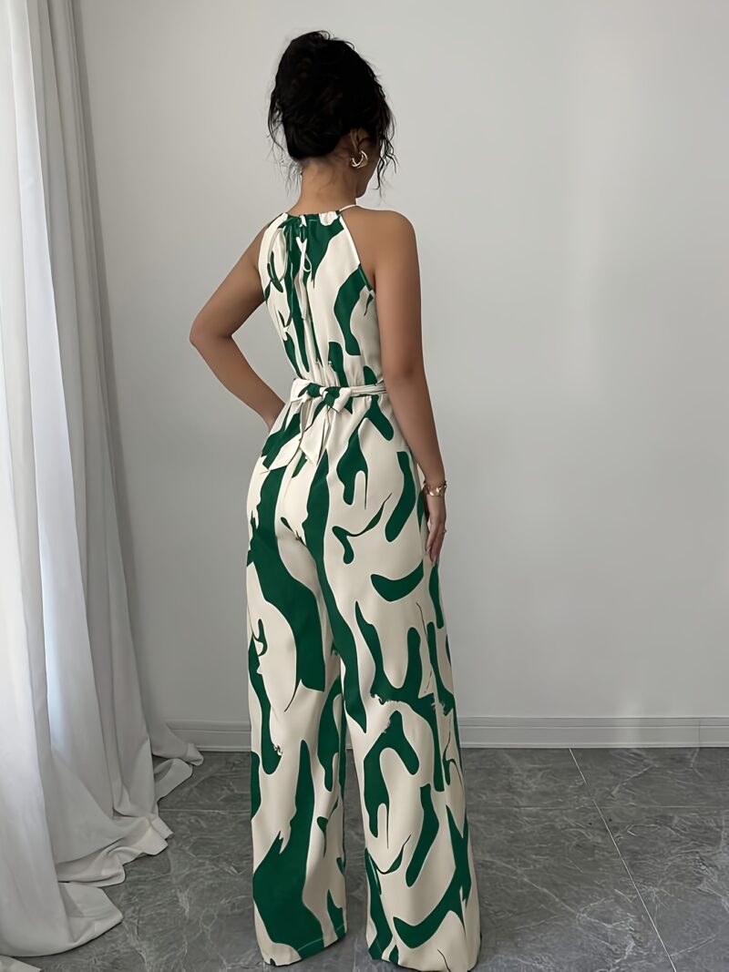 Women'S Green & White Geometric Print Sleeveless Jumpsuit with Tie Waist and Wide Legs - Modern Casual Attire, Perfect for Night Outs, Parties, and Casual Events, Casual Attire|Modern Casualwear|Strapless Jumpsuit - Image 5