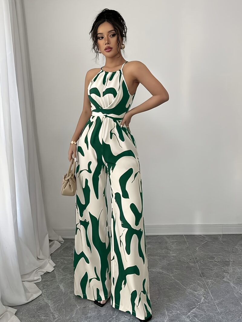 Women'S Green & White Geometric Print Sleeveless Jumpsuit with Tie Waist and Wide Legs - Modern Casual Attire, Perfect for Night Outs, Parties, and Casual Events, Casual Attire|Modern Casualwear|Strapless Jumpsuit - Image 3