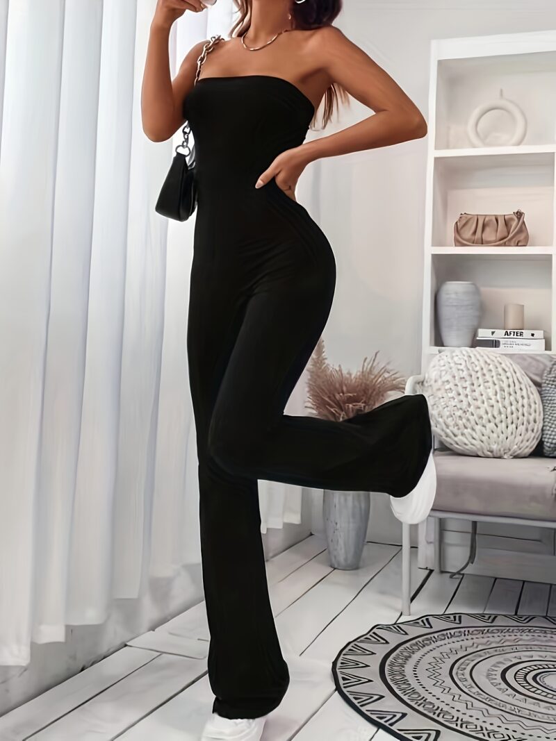 Elegant Strapless Bandeau Jumpsuit for Women - 95% Polyester, 5% Elastane Knit Fabric, Solid Color Long Length Tube Top Pantsuit for Spring/Summer/Fall