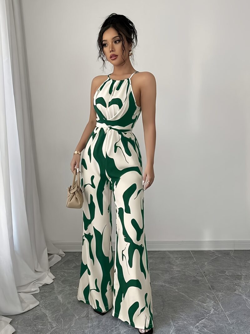 Women'S Green & White Geometric Print Sleeveless Jumpsuit with Tie Waist and Wide Legs - Modern Casual Attire, Perfect for Night Outs, Parties, and Casual Events, Casual Attire|Modern Casualwear|Strapless Jumpsuit - Image 4
