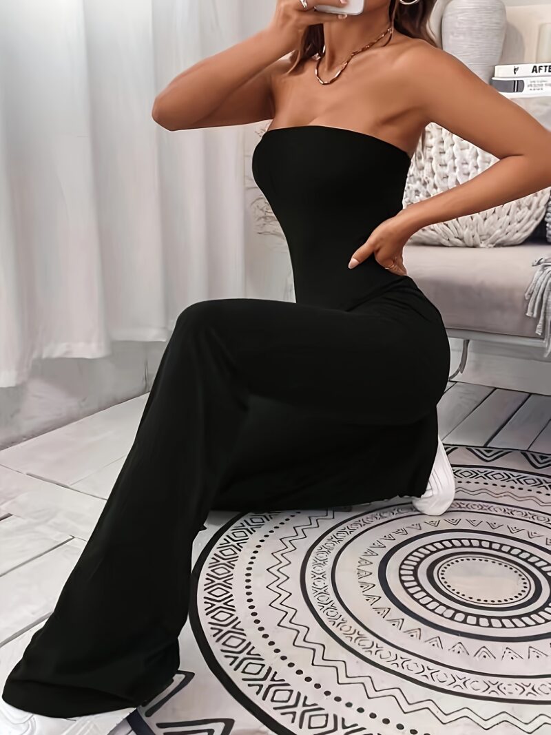Elegant Strapless Bandeau Jumpsuit for Women - 95% Polyester, 5% Elastane Knit Fabric, Solid Color Long Length Tube Top Pantsuit for Spring/Summer/Fall - Image 5