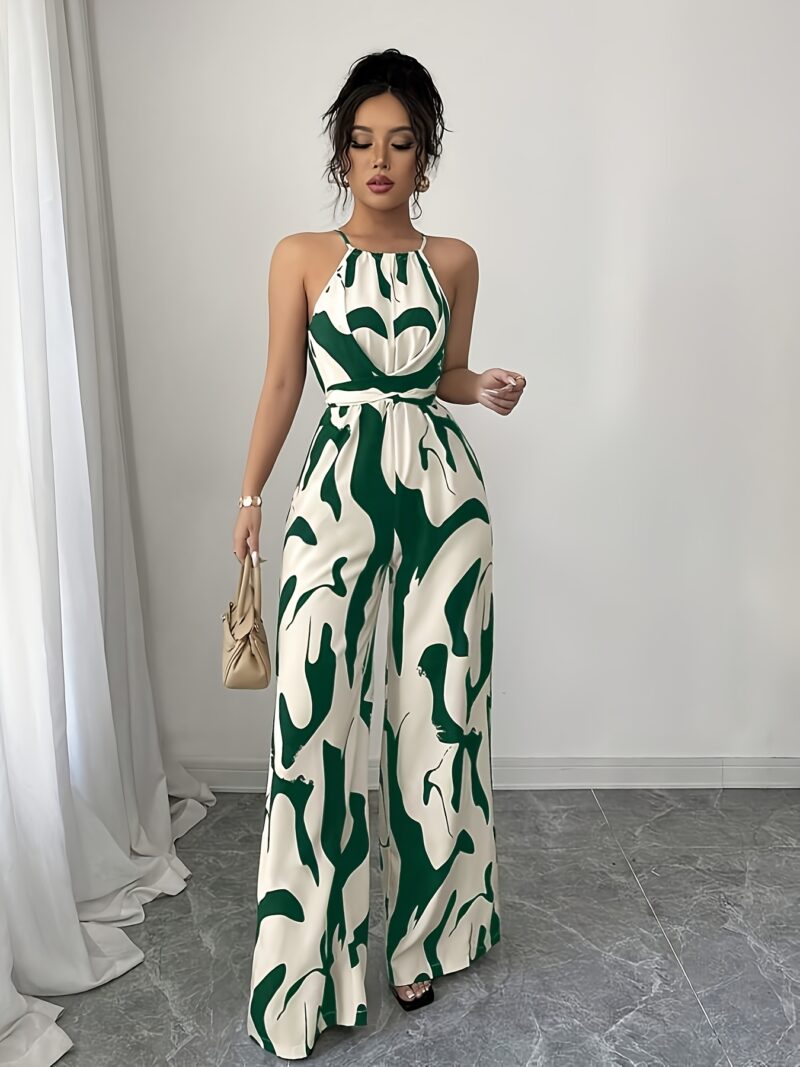 Women'S Green & White Geometric Print Sleeveless Jumpsuit with Tie Waist and Wide Legs - Modern Casual Attire, Perfect for Night Outs, Parties, and Casual Events, Casual Attire|Modern Casualwear|Strapless Jumpsuit