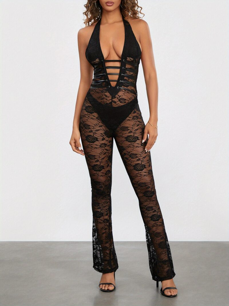 Women Lace Jumpsuits Halter Neck Cross Backless Sleeveless Long Rompers Summer Slim Playsuits Clubwear - Image 8