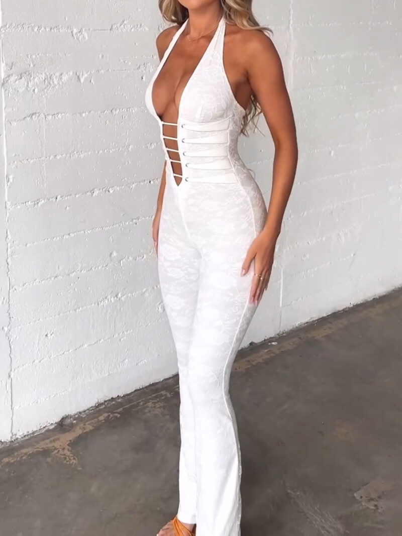 Women Lace Jumpsuits Halter Neck Cross Backless Sleeveless Long Rompers Summer Slim Playsuits Clubwear - Image 6