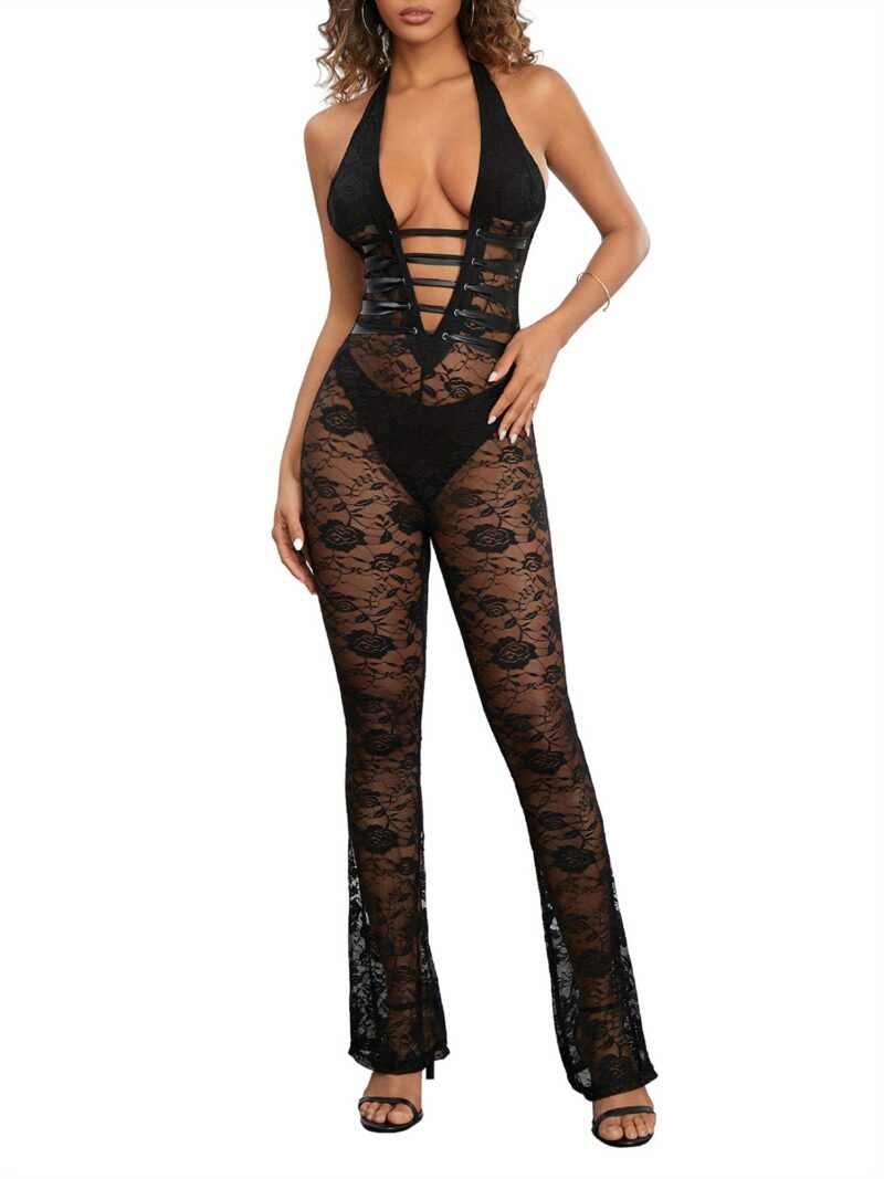 Women Lace Jumpsuits Halter Neck Cross Backless Sleeveless Long Rompers Summer Slim Playsuits Clubwear - Image 5