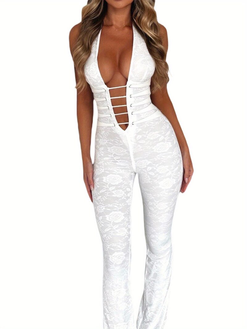 Women Lace Jumpsuits Halter Neck Cross Backless Sleeveless Long Rompers Summer Slim Playsuits Clubwear - Image 3