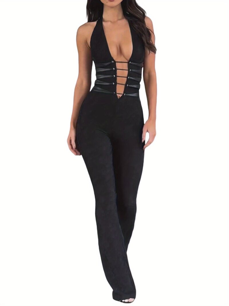 Women Lace Jumpsuits Halter Neck Cross Backless Sleeveless Long Rompers Summer Slim Playsuits Clubwear - Image 2