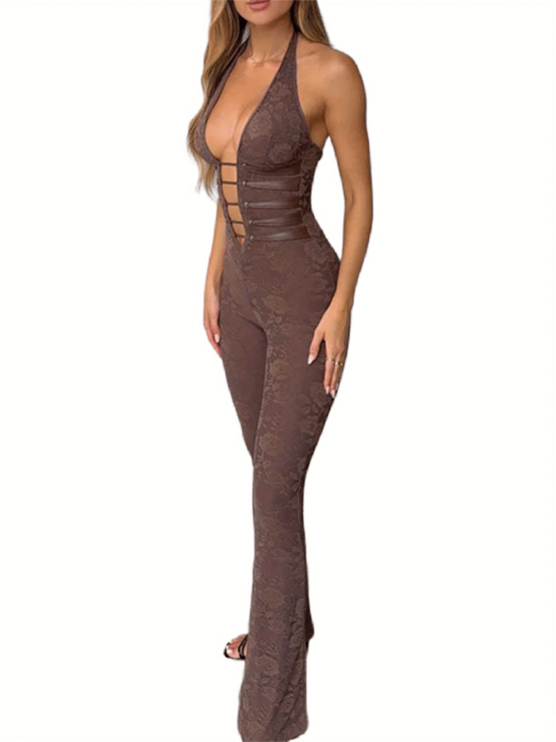 Women Lace Jumpsuits Halter Neck Cross Backless Sleeveless Long Rompers Summer Slim Playsuits Clubwear - Image 10